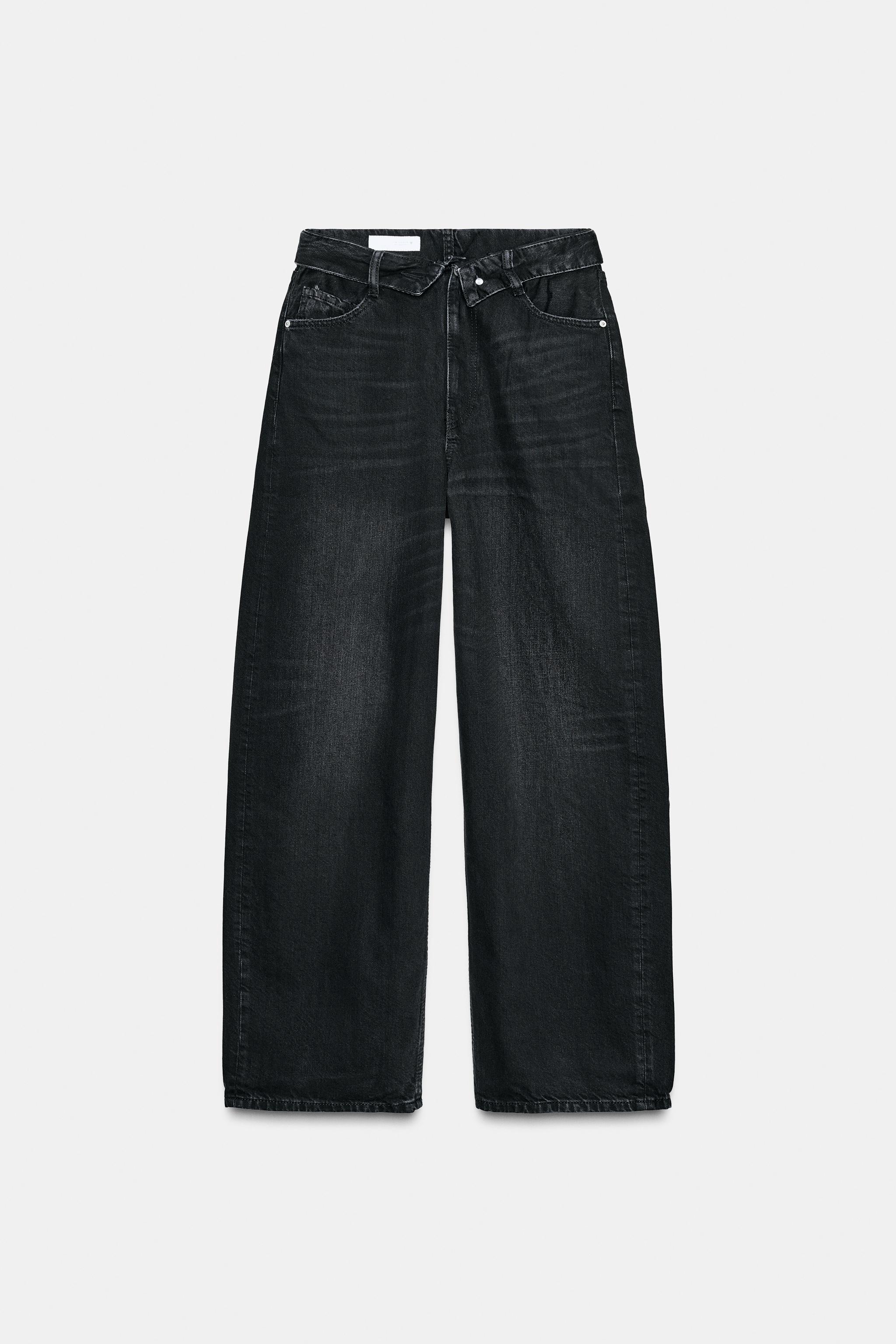 TRF ミッドライズ 折り返しウエスト デニムパンツ - ブラック | ZARA