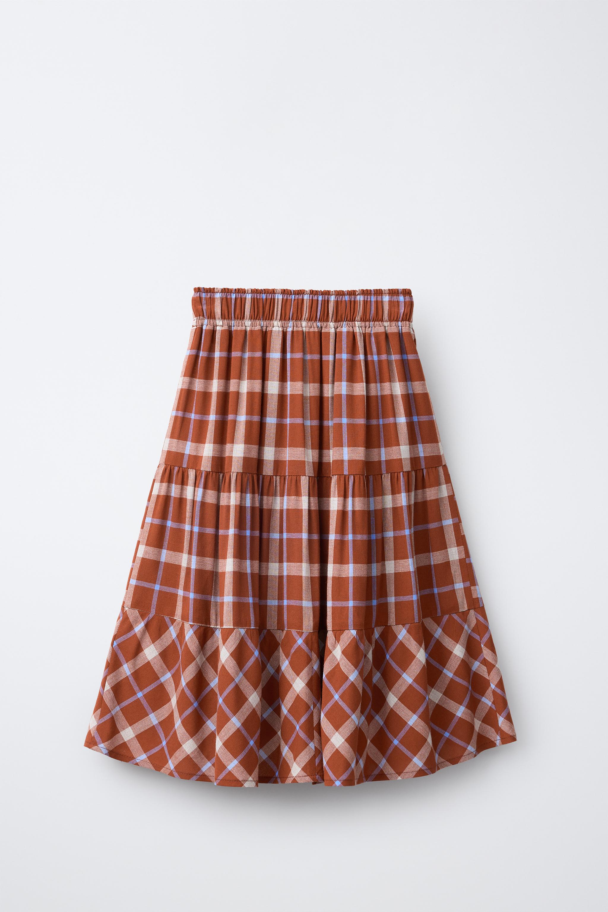 チェック柄パネルミディ丈スカート - レッドブラウン | ZARA Japan / 日本
